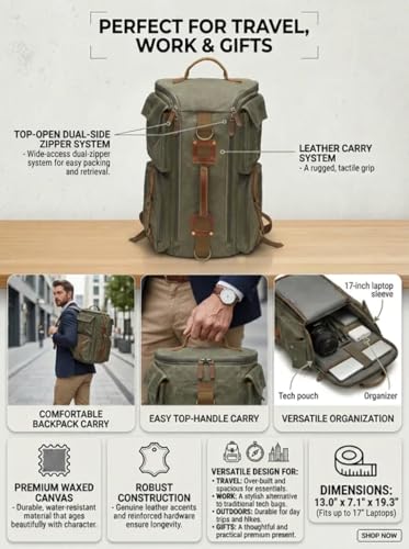 Heavy-Duty Waxed Canvas Backpack for Men, 17 Inch Laptop Rucksack with Genuine Leather, Multi-Pocket Travel Bag for Work, Hiking, and Camping - color: Grey