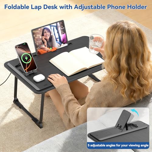 Lap Desk Bed Table with Wireless Charger - Foldable Large Laptop Tray with Tablet Slot and Book Shelf, No Assembly Table for Couch Chair Floor for Sturdy, Writing, Studying Eating, and WFH