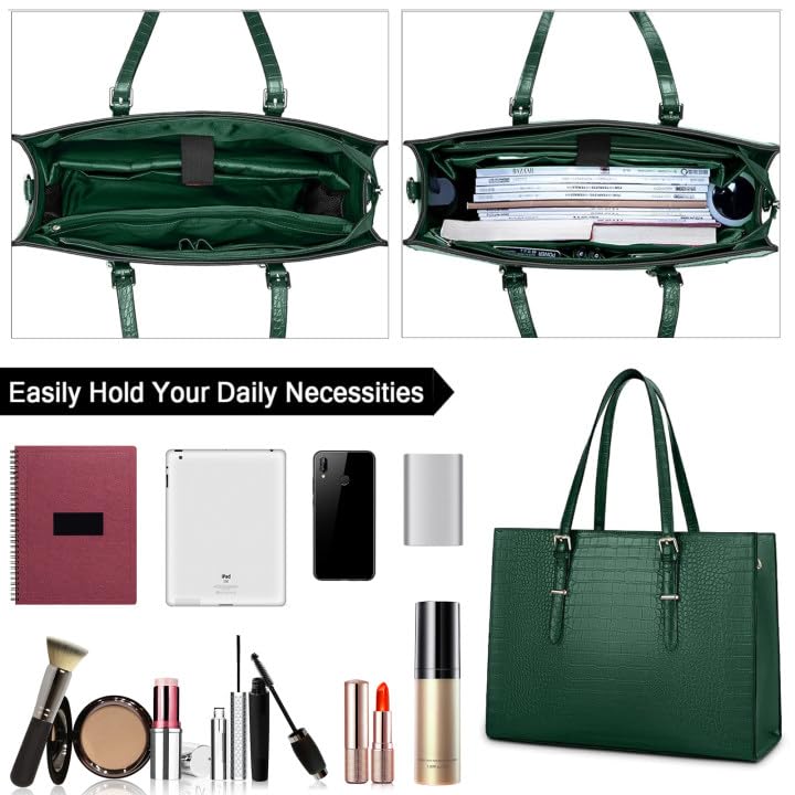 Laptop Bag for Women 15.6 Inch Crocodile Leather Tote Bag Water-resistant Work Briefcase Business Computer Shoulder Bag for Travel Teacher Nurse Professional Handbag - color: Green