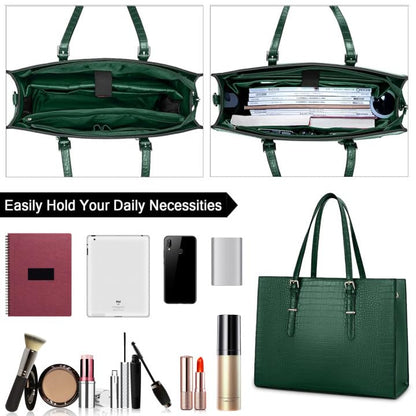 Laptop Bag for Women 15.6 Inch Crocodile Leather Tote Bag Water-resistant Work Briefcase Business Computer Shoulder Bag for Travel Teacher Nurse Professional Handbag - color: Green