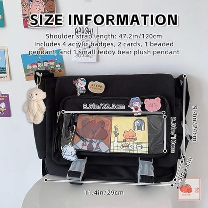 Kawaii Crossbody Ita Bag for Women with Pin & Plush Bear - Japanese Messenger Bags Y2K Shoulder Purse - color: A Black