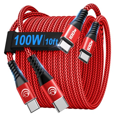 USBC to USBC 100W [10ft/2 Pack] USB C to USB C Fast Charging Cable Braided C to C Charger Cord 5A for MacBook Pro/Air, iPhone 16 15 Pro Max Plus,iPad Pro,Samsung Galaxy S24 Ultra S23,Pixel,PS5,Switch - color: Red, size: 10ft+10ft