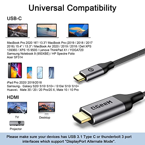 QGeeM USB C to HDMI Cable Adapter 6Ft 4K@60Hz, USB Type C to HDMI Thunderbolt 3/4/5 Compatible for iPhone17/16/15,Galaxy,MacBook Pro/air/neo,IPad pro,Surface,Dell XPS,HP,Thinkpad,Pixelbook,and More
