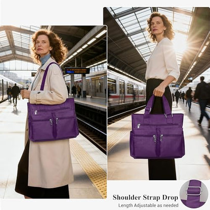 VOLGANIK ROCK Canvas Tote Bag Waterproof Nylon Multi Pocket Shoulder Bags Laptop Work Bag Teacher Purse Handbag for Women Men - color: Purple-new