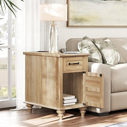 WAMPAT Farmhouse End Table with Charging Station, Light Wood Sofa Side Table with Storage Cabinet, Narrow Night Stand Bedside Table with Drawer for Living Room, Bedroom, Oak - color: Oak