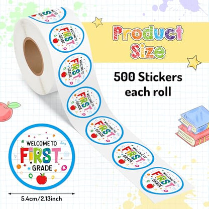 Haooryx Back to School Stickers - 500Pcs Welcome to 1st Grade Laptop Water Bottle Sticker Rolls First Day of School Self Adhesive Activity Pad Student Teacher Scrapbook Supplies Greeting Card Making - style: Welcome to 1st Grade