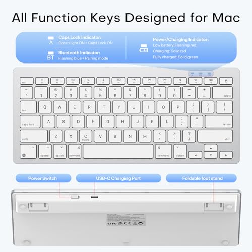 OMOTON Wireless Bluetooth Keyboard for Mac, USB-C Rechargeable, Compact | No Number Pad, Ergonomic Tilt, 14 macOS Hotkeys, For Backpack Travel Coffee Shop, for MacBook/iMac/Mac mini, Silverwhite