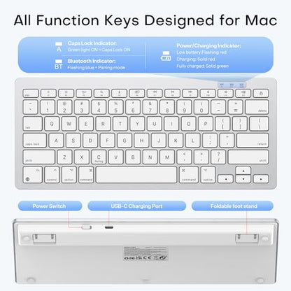 OMOTON Wireless Bluetooth Keyboard for Mac, USB-C Rechargeable, Compact | No Number Pad, Ergonomic Tilt, 14 macOS Hotkeys, For Backpack Travel Coffee Shop, for MacBook/iMac/Mac mini, Silverwhite