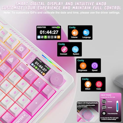 LINGBAO K98 PRO Anime Mechanical Wireless Gaming Keyboard with Screen Knob | Tri-Mode BT5.0/2.4G/USB-C, Gasket Mount Hot Swappable Linear Switches, RGB Backlit Creamy Sounding for PC/Mac Office& Gaming - color: K98Pro | 10000mAh | Anime Pink
