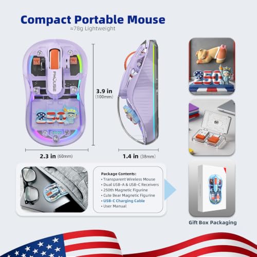 FMOUSE Transparent Wireless Mouse, 2 Cute 2026 Figurines, Tri-Mode, Purple | Rechargeable | USB-A & USB-C Receivers for Mac, iPad, Laptop | 2.4G & Dual Bluetooth | Silent Clicks | RGB | Portable - color: Purple