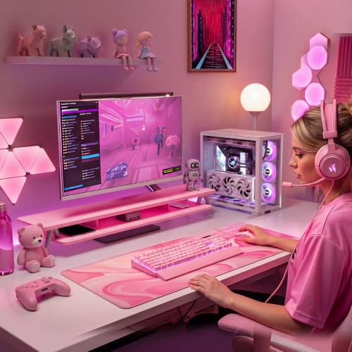 Fenge Dual Monitor Stand Riser, Wooden Desk Shelf with 2-Tier Storage | 42.5-Inch Wide, Sturdy Aluminum Legs, Built-In Phone & Tablet Slot, Desktop Organizer for Office Accessories - color: Pink, size: 42.5 Inch