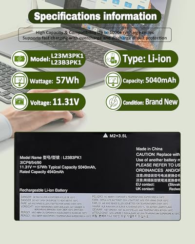 57Wh L23M3PK1 L23B3PK1 Battery Replacement for Lenovo IdeaPad Slim 5-14IMH9 5-14AHP9 5-14IRU9 5-14Q8X9 5-15IRU9 5-15IRH9 5-15IRH9R, 5-16IMH9 5-16AHP9 5-16IRU9 Series L23D3PK1 L23X3PK1 – 11.31V - size: 10.24*4.33*0.23 IN L23B3PK1