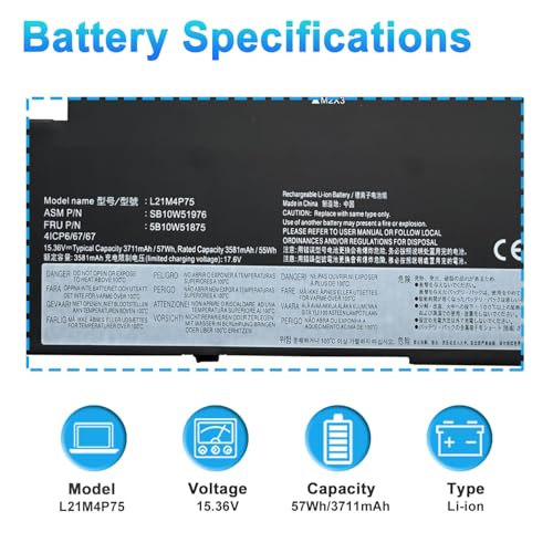 L21M4P75 L21B4P71 L21L4P73 Laptop Battery Replacement for Lenovo ThinkPad T14s Gen 3 2022,ThinkPad T14s Gen 4 2023 Series L21D4P74 15.36V 57Wh 4-Cell - size: 11.61*4.21*0.21inch L21M4P75