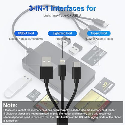 Memory Stick pro Duo Adapter Reader - 8 in 1 SD/TF/MS/CF/XD Card Reader for iPhone/Computer/USB-C Device, Lightning+USB A+USB C Multi Memory Card Reader with 3 USB 2.0 Ports, XD Picture Card Reader
