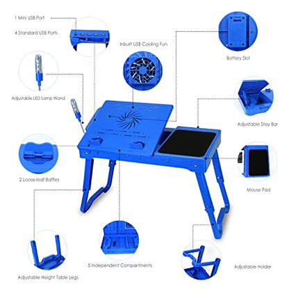 Foldable Laptop Table with Cooling Fan, LED Light, 4 x USB Ports, Mouse Pad & Storage Groove for Laptop Use in Home Office - color: Blue