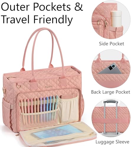 Bagstellar Teacher Tote Bag for Women, 15.6" Laptop Work Tote Computer Bag | Quilted Bible Nurse Bag with 40oz Cup Holder, Insulated Pocket & Strap, Large Laptop Briefcase for School Travel Office Gifts - color: Pink
