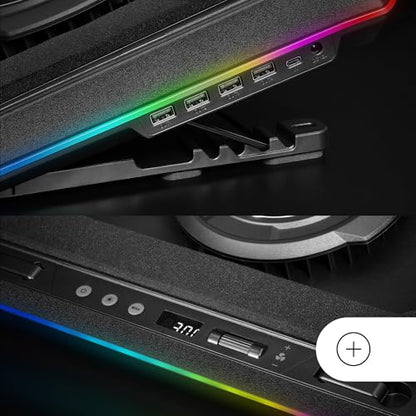 Mars Gaming MNBC Ultra, Cooling Base and Stand, 140 mm Fan, CoolCore Airflow Technology, RGB Chroma, 5 Positions, Compatible with Laptops up to 18 Inches, Smartphone Holder, 4 x USB-A, Black