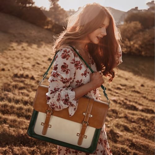 ECOSUSI Laptop Bag for Women Vegan Leather Messenger Bag Fashion Briefcase Computer Satchel Bag - color: Green-brown