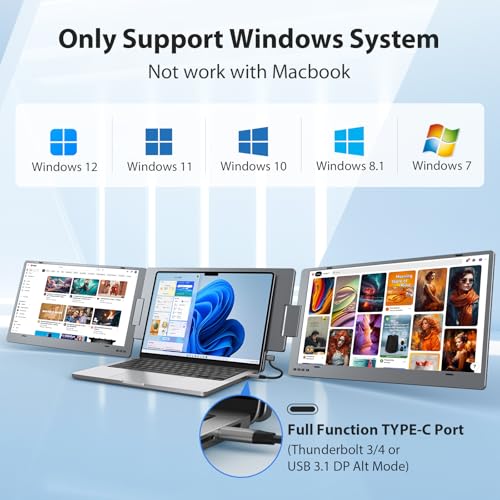 KYY Laptop Screen Extender, Portable Triple Monitor for Laptop No Driver | 15.6" Screen Extender for Laptop, Travel Monitor for 12-17'' Laptop, 210°Rotation & Kickstand, Plug and Play (Windows Only) - color: space grey