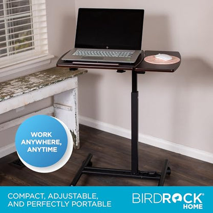 BIRDROCK HOME Adjustable Mobile Laptop Stand - Brown - Portable Rolling Standing Desk - Computer Stands - Four Wheels - Overbed or Bedside Table - color: Brown