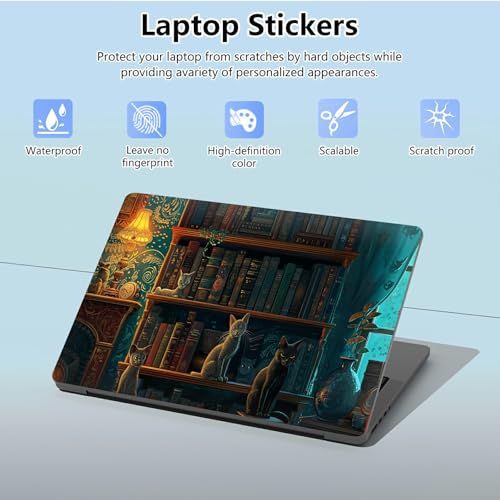 Universal Laptop Skin Sticker with 2 Wrist Pad Skins, Waterproof Scratch Resistant Vinyl Laptop Cover Decal, Cut to Fit for 11–15.6 Inch MacBook HP Dell Lenovo, Cat Library - color: Cat Library