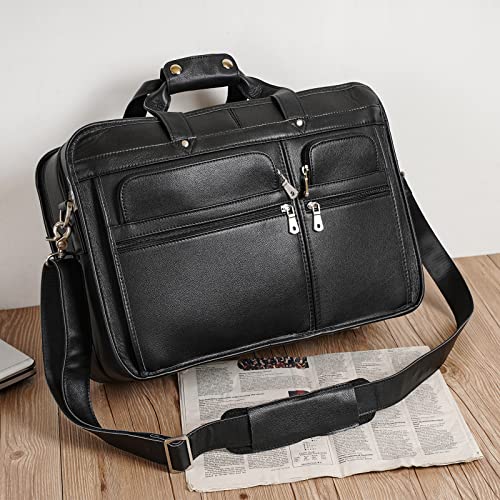 Men's Full Grain Leather Briefcase Large 17 Inch Business Travel Laptop Messenger Bag Tote with YKK Metal Zippers - color: Black