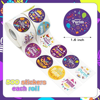 CNhoqc Happy Purim Stickers Roll - 1000 Pcs Round Happy Purim Waterproof Vinyl Reusable Laptop Sticker Coloring Book Scrapbook Water Bottle Page Activity Pad Party Favor Skateboard Gift Wraping Reward - style: Happy Purim