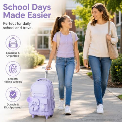 3Pcs Rolling Backpack for Girls Women, School Kids Roller Bookbag with Wheels, Wheeled Backpacks Set for Elementary (Purple) - color: Bow Purple