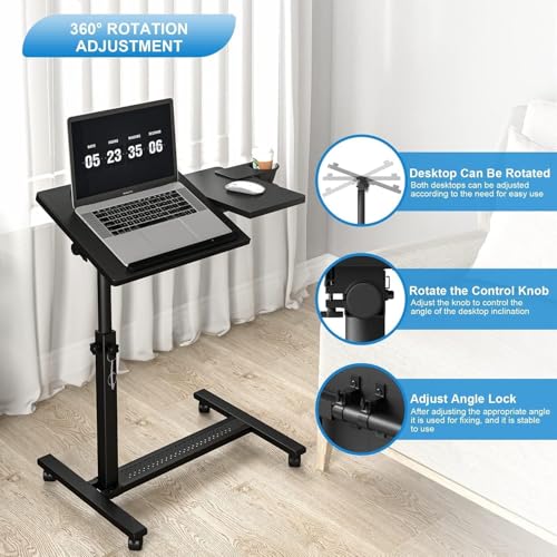 Panta Height Adjustable Rolling Laptop Stand, Overbed Table with 2 Tilting Desktops, Mobile Laptop Table for Couch with Cup Holder, Mobile Computer Workstation for Office, Home and Hospital | Dual tilting desktops, cup holder, mobile workstation, for couc