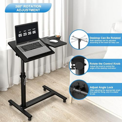 Panta Height Adjustable Rolling Laptop Stand, Overbed Table with 2 Tilting Desktops, Mobile Laptop Table for Couch with Cup Holder, Mobile Computer Workstation for Office, Home and Hospital | Dual tilting desktops, cup holder, mobile workstation, for couc