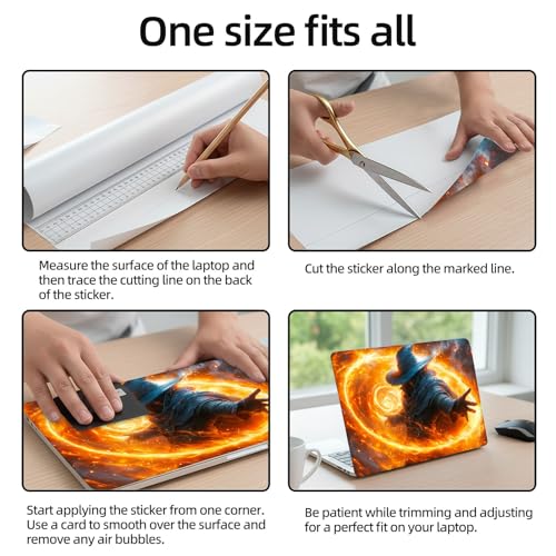 Aesthetic Laptop Skin Sticker, Blue Hat Mage with Swirling Fire Magic Waterproof Vinyl Laptop Decal, Removable Bubble Free, Reusable Protective Cover for 13 14 15 15.6 Inch - color: Blue Hat Mage with Swirling Fire Magic