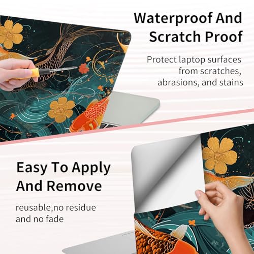 15.6 Inch Laptop Skin Sticker, Reusable Vinyl Cover Protector with 2 Wrist Pad Skins, Removable Waterproof Scratch-Resistant for 12-15.6 Inch Laptop Notebook,Gold and Black Fish - color: Gold And Black Fish