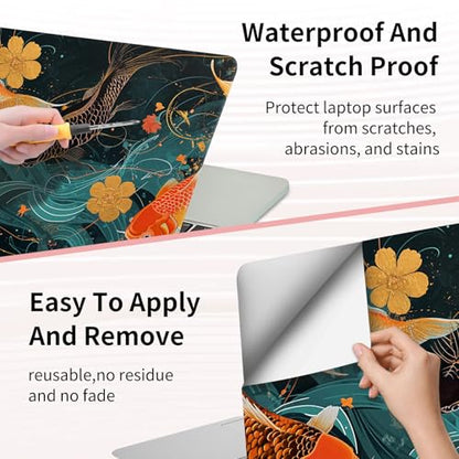 15.6 Inch Laptop Skin Sticker, Reusable Vinyl Cover Protector with 2 Wrist Pad Skins, Removable Waterproof Scratch-Resistant for 12-15.6 Inch Laptop Notebook,Gold and Black Fish - color: Gold And Black Fish