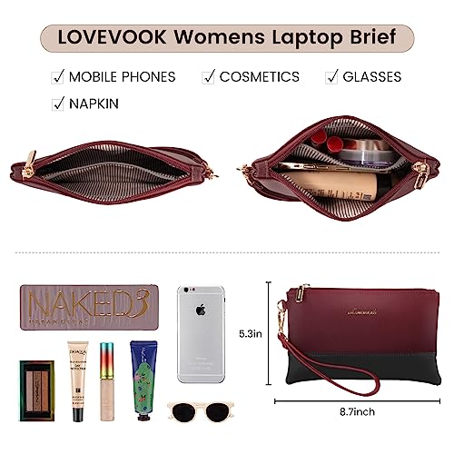 LOVEVOOK Laptop Tote - 15.6 Inch Professional Leather Computer Briefcase - Waterproof Shoulder Bag - Large Capacity Business Teacher Office Bag - Crossbody Purse - color: 168# Dark Red/Off-white, size: 15.6 Inch