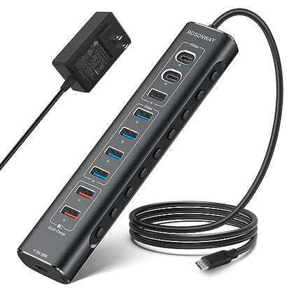 Rosonway 10-Port Powered USB 3.2/USB C Hub 60W with 3x10Gbps USB-3.2 Ports (2C + 1A), 4 USB 3.0 Data Ports, 1 USB-C PD and 2 USB-A Fast Charging Ports, Aluminum USB Splitter for Laptop/PC, RSH-A10QPD