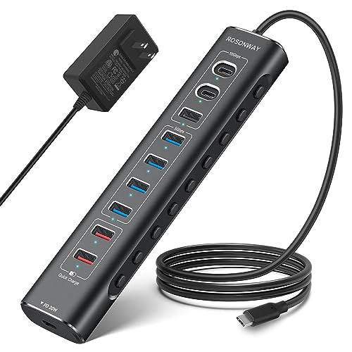 Rosonway 10-Port Powered USB 3.2/USB C Hub 60W with 3x10Gbps USB-3.2 Ports (2C + 1A), 4 USB 3.0 Data Ports, 1 USB-C PD and 2 USB-A Fast Charging Ports, Aluminum USB Splitter for Laptop/PC, RSH-A10QPD
