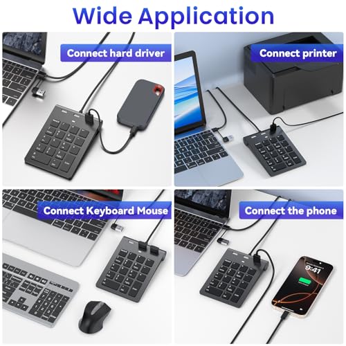 2-in-1 Number Pad & USB Hub with USB-C and USB-A Cables, 15° Ergonomic Wired Numpad with 3 USB 2.0 Ports , Number Keypad for Laptop/iPad/MacBook/PC/Windows/MacOS,No Adapter Needed USB Number Keypad - color: Black