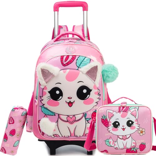 Cute Rolling Backpack for Girls School Backpacks with Wheels for Girls 8-12 Kawaii Rolling Backpack Kids Backpacks with Wheels Travel Luggage for Elementary Student - color: Pink Cat Strawberry