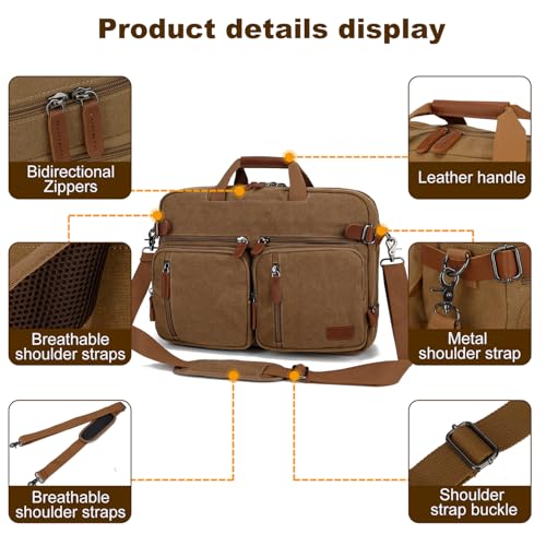 Koolehaoda 3 in 1 Convertible Briefcase Backpack 17.3 inch Laptop Backpack Case Messenger Bag for Men, Multi-Functional Computer Bag for Travel Bussiness Men Women (Coffee) - color: Coffee