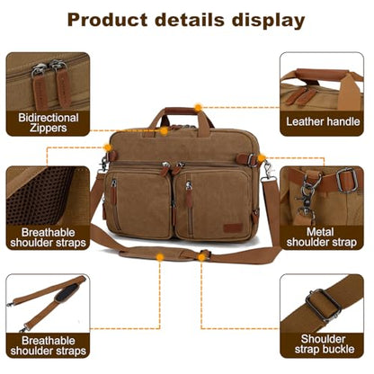 Koolehaoda 3 in 1 Convertible Briefcase Backpack 17.3 inch Laptop Backpack Case Messenger Bag for Men, Multi-Functional Computer Bag for Travel Bussiness Men Women (Coffee) - color: Coffee