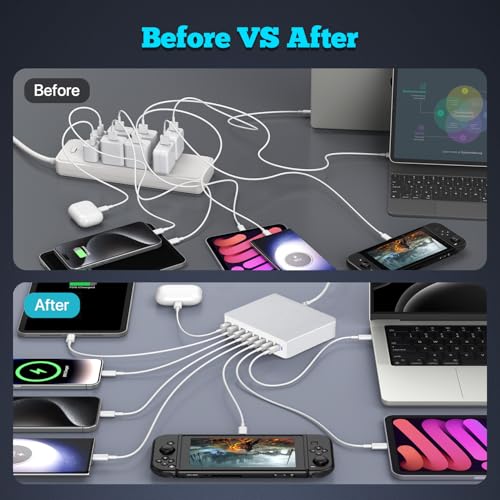 USB C Charger 210W Block, GaN 8-Port USB-C PD Fast Charging Station Desktop Hub, PD65W Laptop Charge Adapter Compatible with MacBook Pro/Air/DELL/Steam Deck/iPhone 16/15/Galaxy S22/S23 - color: silver