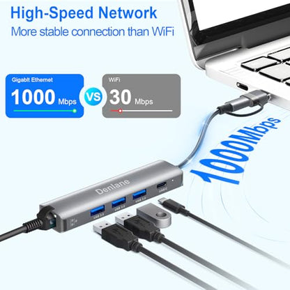 USB C USB 3.0 to Ethernet Adapter, 5 in 2 Gigabit USB Ethernet Hub for Laptop with 4-Port USB-A 3.0 and USBC, 1000Mbps RJ45 LAN Network Adapter Compatible with MacBook/iPad Pro/Phone/Tablet - size: 1000 Mbps