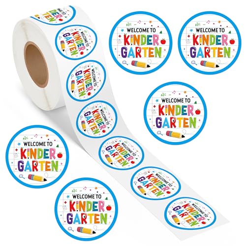Haooryx Back to School Stickers - 500Pcs Welcome to Kindergarten Water Bottle Laptop Sticker Rolls Self Adhesive Preschool Student Teacher Supplies Page Activity Pad Goodie Bag Greeting Card Making - style: Welcome to Kindergarten