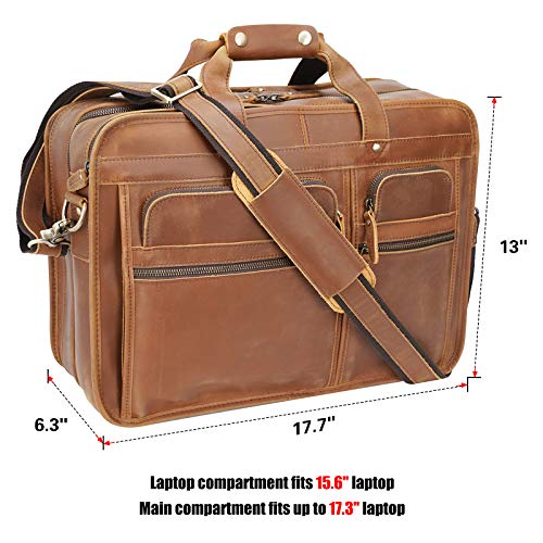Men's Full Grain Leather Briefcase Large 17 Inch Business Travel Laptop Messenger Bag Tote with YKK Metal Zippers - color: Light Brown
