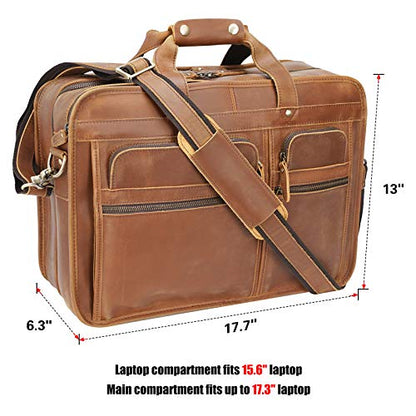 Men's Full Grain Leather Briefcase Large 17 Inch Business Travel Laptop Messenger Bag Tote with YKK Metal Zippers - color: Light Brown