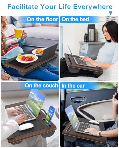HETTHI Laptop Lap Desk, Portable Large Laptop Desk for Bed, Up to 17 in Lap Table with Wrist Rest, Mouse Pad, Tablet Phone Slot, Portable Handle, Lap Tray with Cushion (Dark Brown) - color: Dark Brown