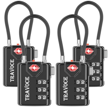 TRAVOCE TSA Approved Luggage Locks - Heavy Duty 3 Digit Combination Cable Lock, Search Alert for Suitcases, Backpacks, Golf Bags, Tents, Violin and Camera Cases, 4 Pack, Black - color: Black 4 Pack