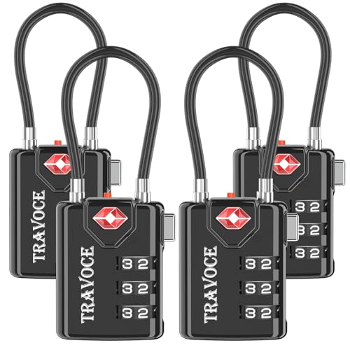 TRAVOCE TSA Approved Luggage Locks - Heavy Duty 3 Digit Combination Cable Lock, Search Alert for Suitcases, Backpacks, Golf Bags, Tents, Violin and Camera Cases, 4 Pack, Black - color: Black 4 Pack