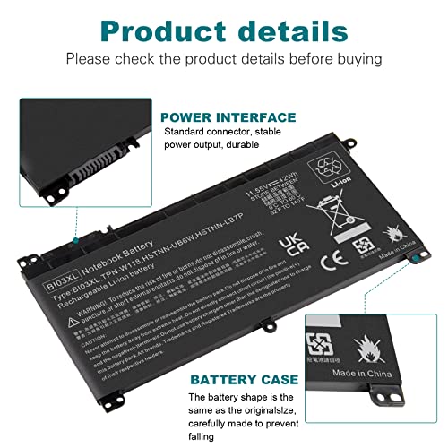 BI03XL Battery Compatible with HP Pavilion X360 M3-U 13-U M3-U001DX M3-U103DX 13-U100TU 13-U118TU Stream 14-AX 14-ax010nr 14-ax020wm 14-ax030wm TPN-W118 Laptop ON03XL HSTNN-LB7P HSTNN-UB6W 843537-541 - size: BI03XL 8.94 × 4.96 × 0.71 in