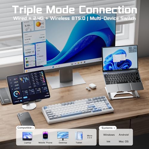 Aula F99 Wireless Mechanical Keyboard, Gasket Hot Swappable, Side Printed PBT Keycaps, RGB Backlit, Creamy Cute Sound Computer Gaming Keyboards, Tri-Mode BT/2.4GHz/USB-C Gaming Keyboard for PC/Tablet - color: Blue Purple